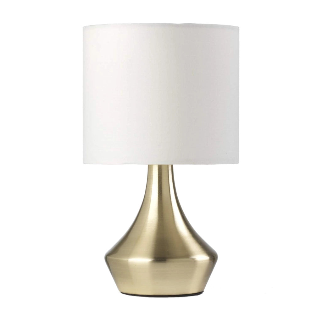 ONLI - Lampada da Tavolo in Metallo Satinato oro e Paralume in Tessuto Bianco