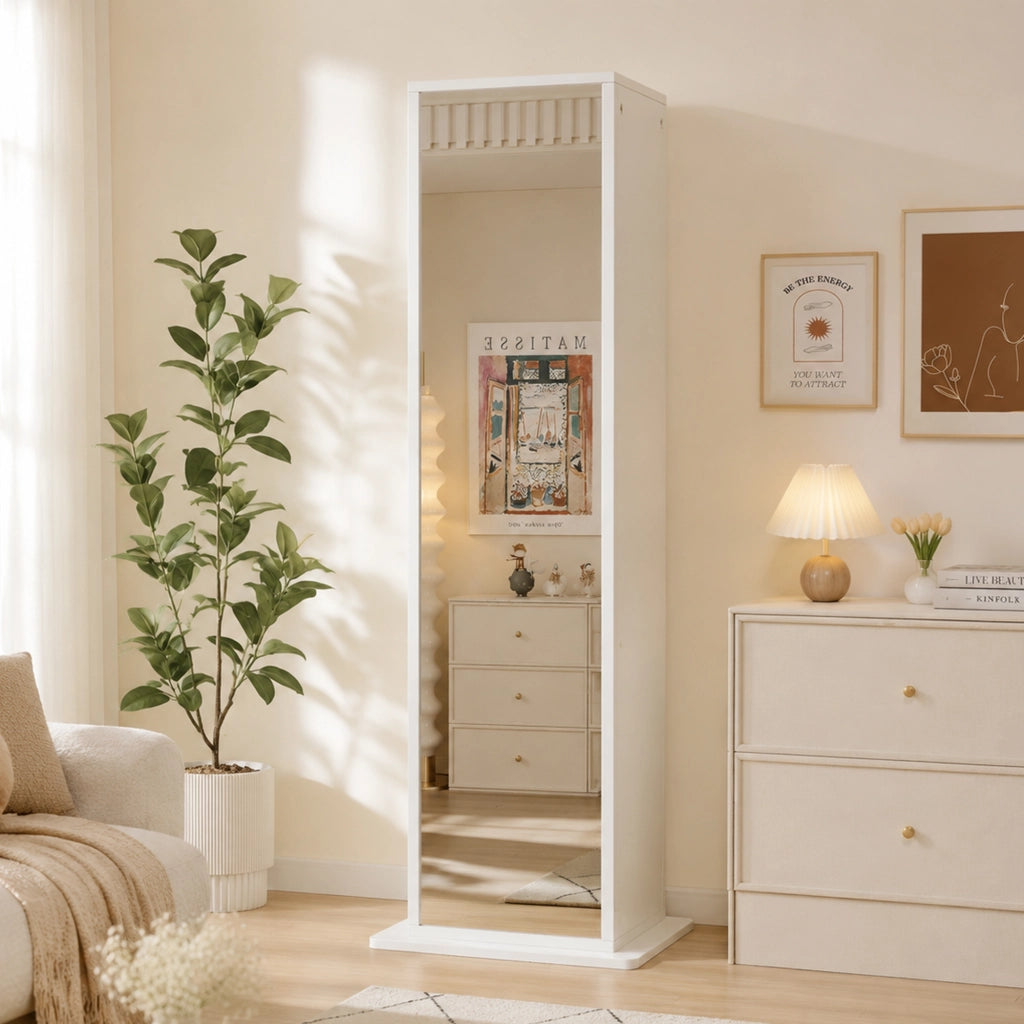 Mobile con specchio girevole con 4 vani aperti e 1 cassetto; per camera da letto o ingresso; 45×45×168 cm