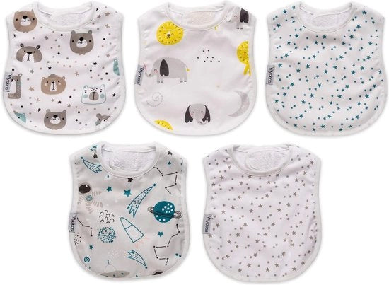 Slabbettoni impermeabili, 5 pezzi - 100% doppio strato cotone e slabbettoni impermeabili per bambini, ideali per l'alimentazione dei bambini, multicolore (SMALL 0-12)