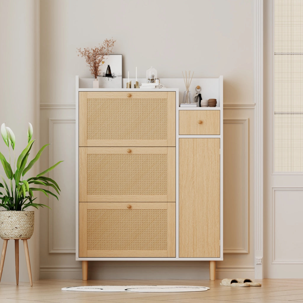 OKWISH Scarpiera con 3 Ante a Ribalta e 1 Cassetto, Ripiani Regolabili, per Ingresso, MDF, Naturale e Bianco, 90 x 17 x 125 cm