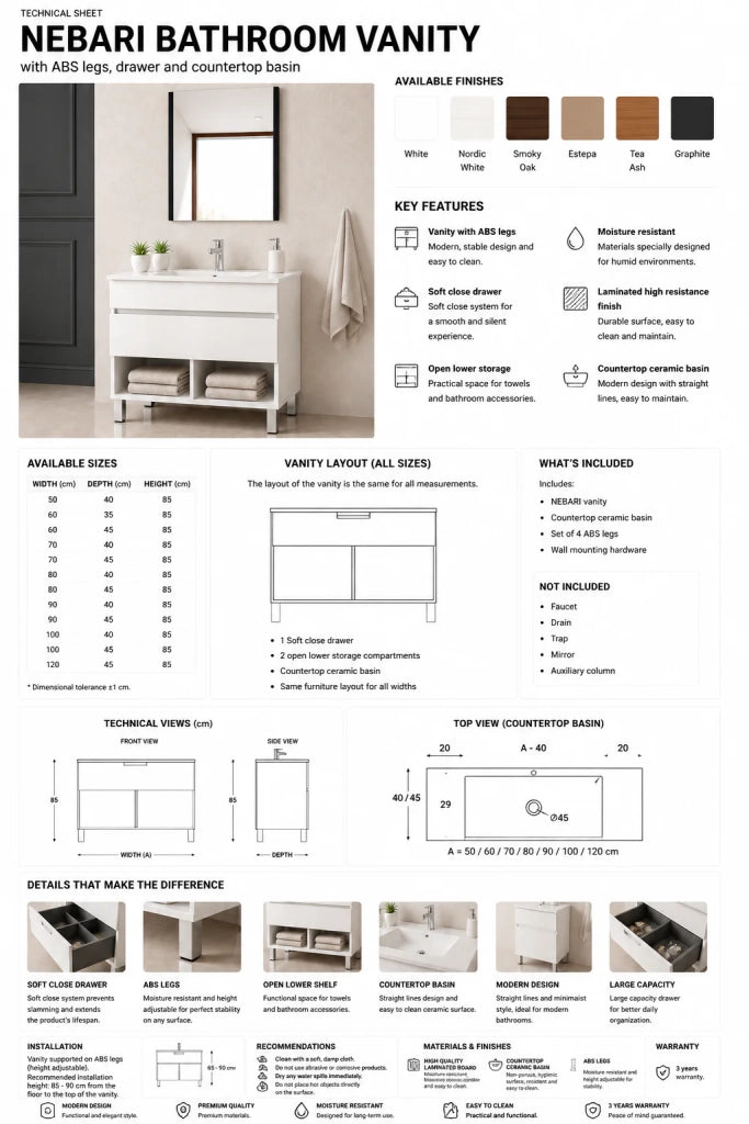 Mobile bagno con piedini con lavabo extrapiano ORIGENBATH NEBARI senza specchio 70x40 cm estepa