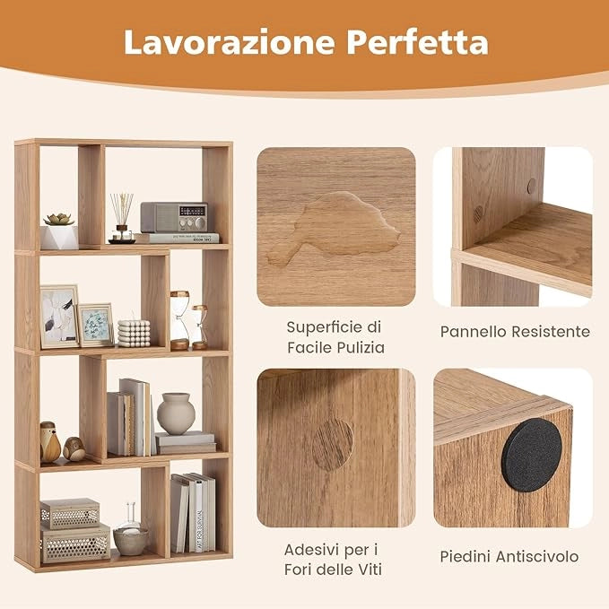 Libreria Geometrica a 4 Ripiani, Organizzatore Moderno con 8 Cubi, Mensola Espositiva a Pavimento, Mobile di Stoccaggio in Legno per Soggiorno Camera da Letto Studio, 60x20x120 cm (Naturale)