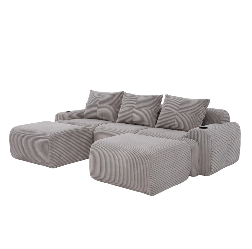 Divano modulare 3 posti in velluto a coste grigio chiaro con 2 pouf e portabevande integrato