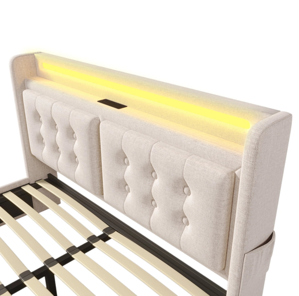 Letto 140x200 cm con LED; USB Type-C; 4 cassetti e rete a doghe; Beige