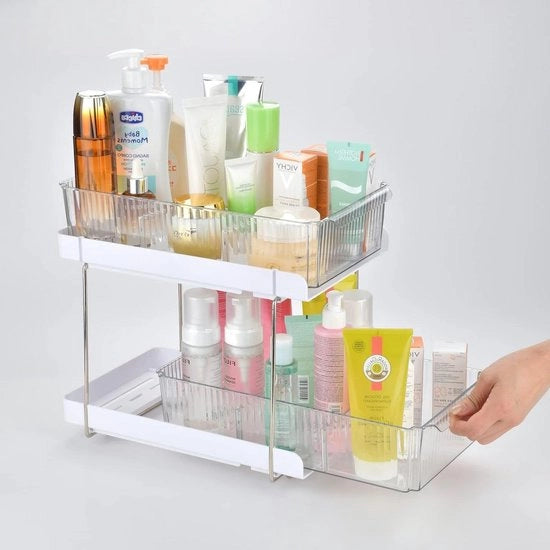 Organizzatore per contenitori con cerniera - 2 livelli di contenitori con ante scorrevoli - ideale per armadi - bancone - cucina - zona pranzo - desktop - bagno - ufficio - zona cucina - zona bagno