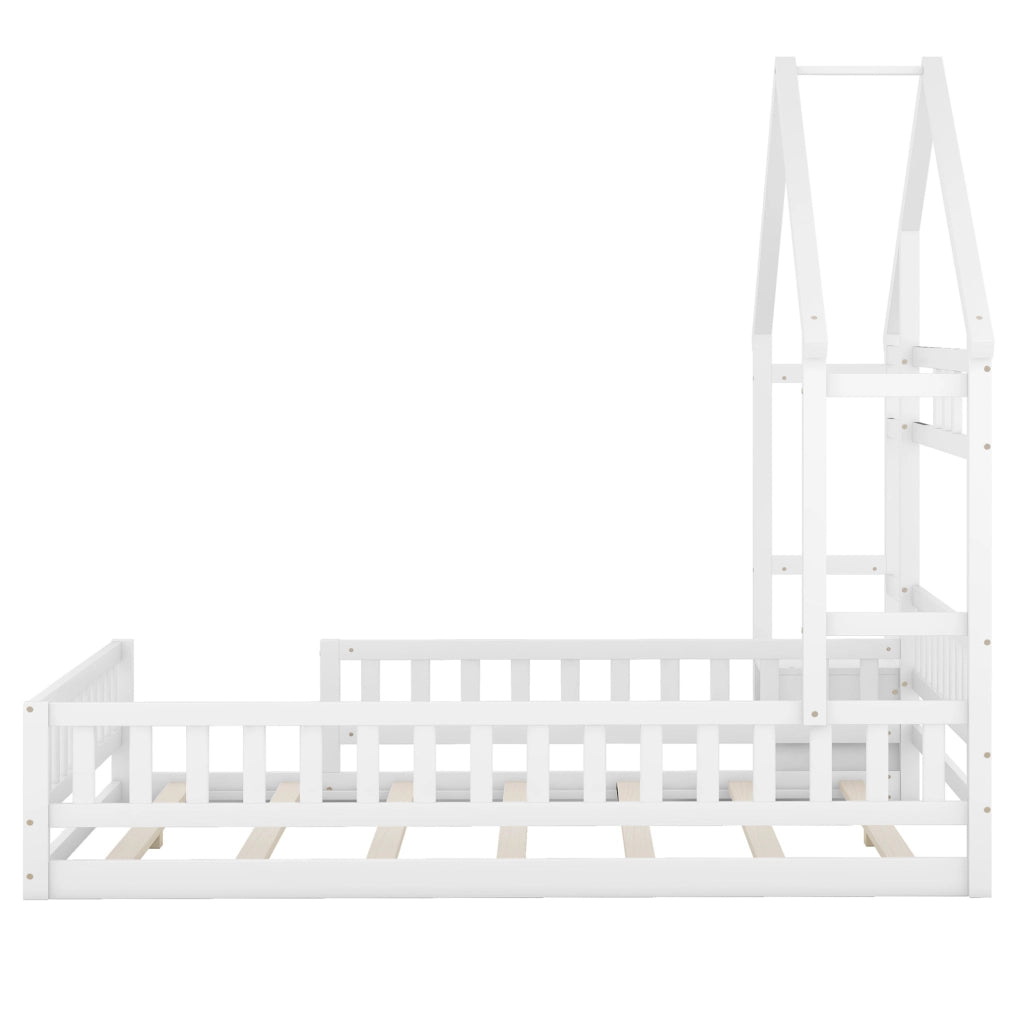 Letto per bambini 140x200 cm a casetta con sponda e comodino; legno di pino e MDF; bianco