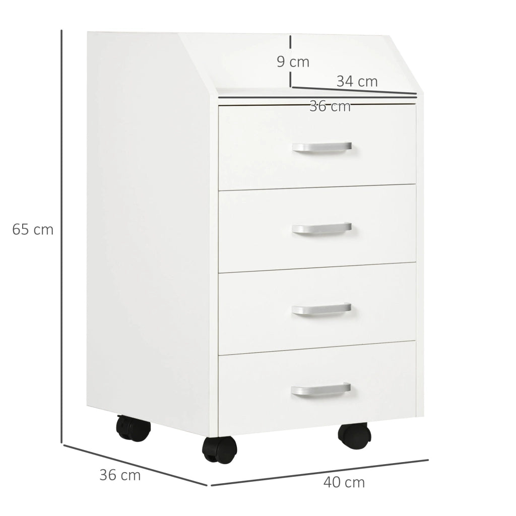 Cassettiera da Ufficio con 4 Cassetti Ruote e Bordi Rialzati 40x36x65 cm in Legno Bianco