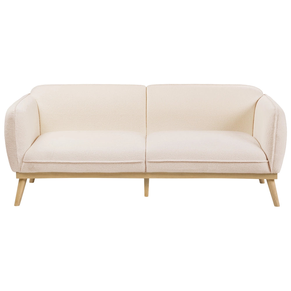 Set da salotto in stile scandinavo con divani a 2 e 3 posti, gambe affusolate in legno e rivestimento in bouclé beige chiaro