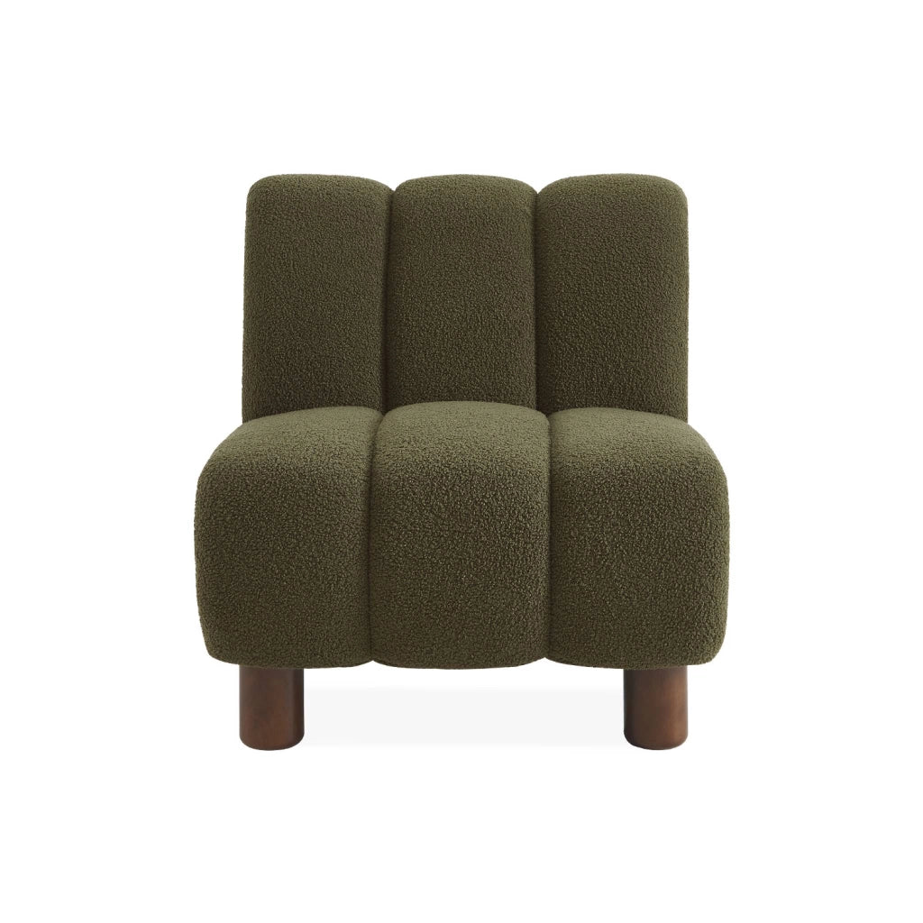 Poltrona relax con gambe rotonde in legno e tessuto bouclé, kaki