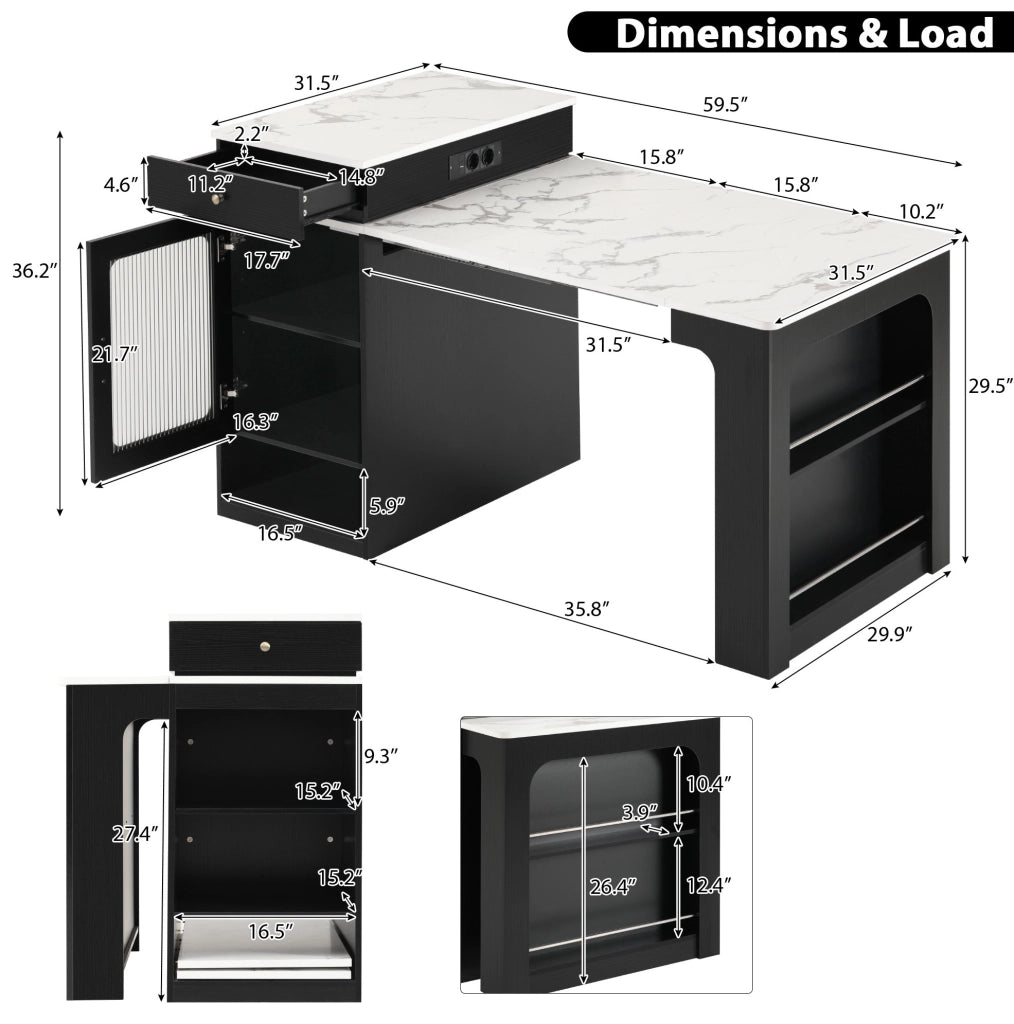 Tavolo allungabile 80x71~111~151x92 cm con prese integrate; MDF e vetro bianco e nero