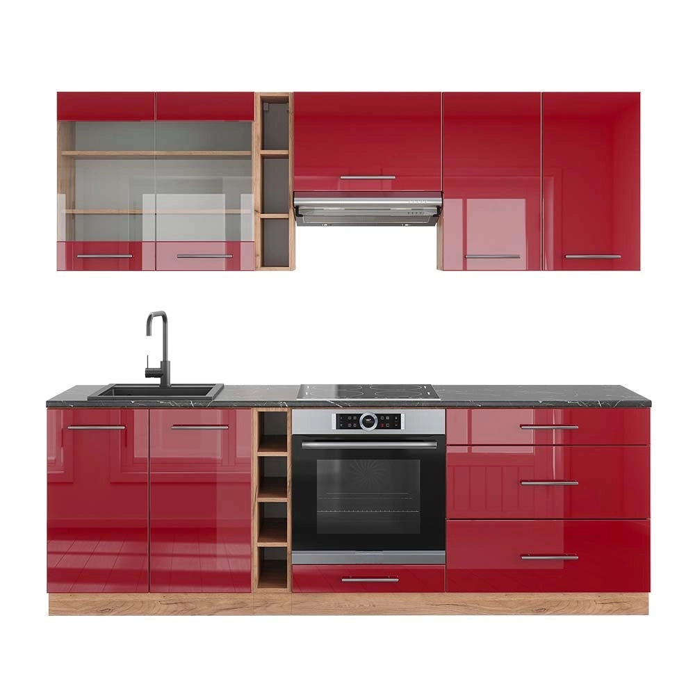Cucina componibile Fame-Line Bordeaux lucido/Rovere dorato 235 cm, PL Antracite Vicco