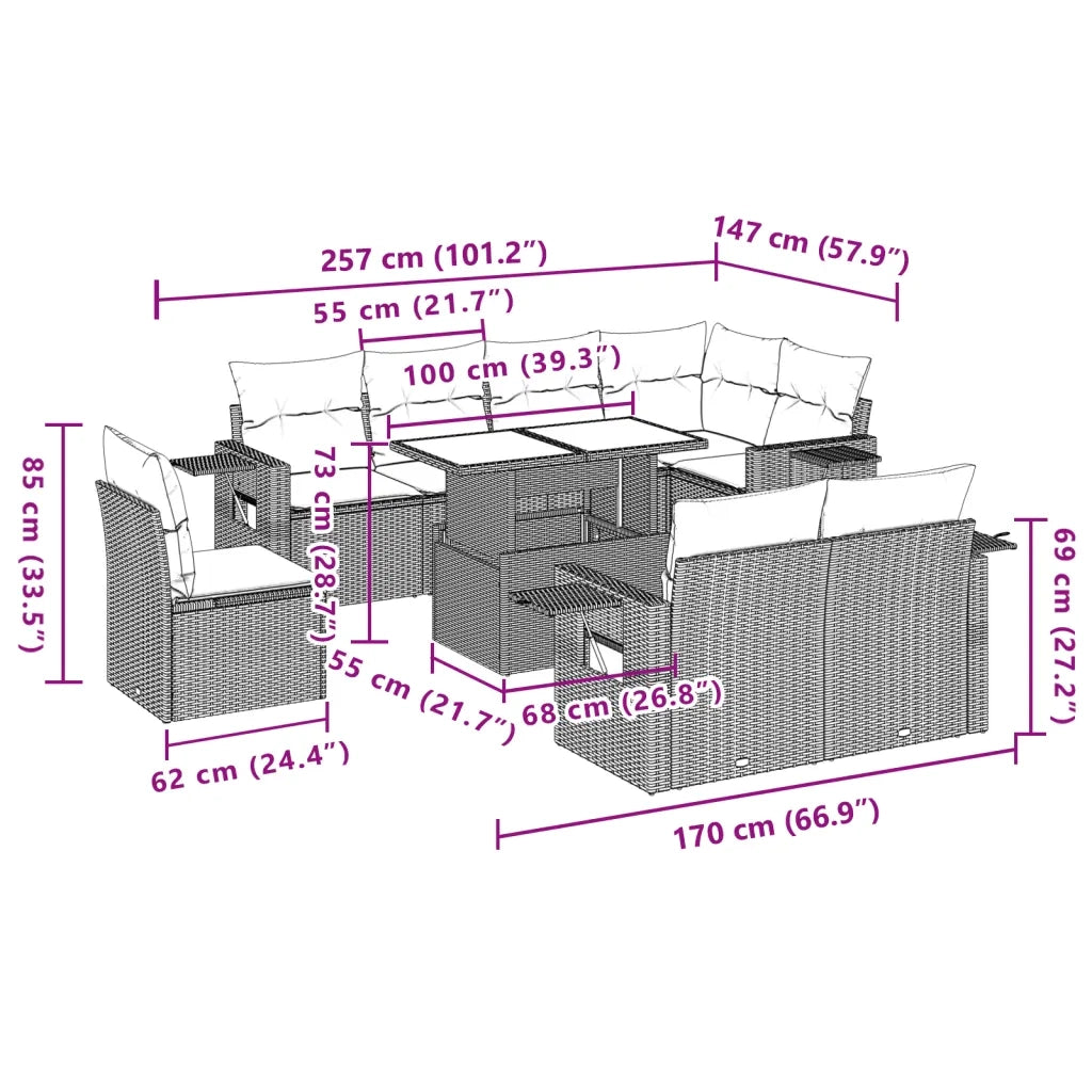 Set Divano da Giardino 9 pz con Cuscini Grigio in Polyrattan 3268040