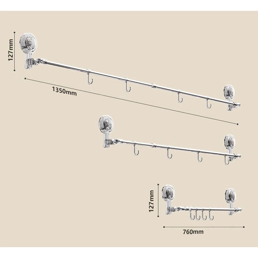 Trade Shop - Bastone Telescopico Regolabile 76-135cm A Ventosa Da Parete Con Ganci Rotazione A 180° -