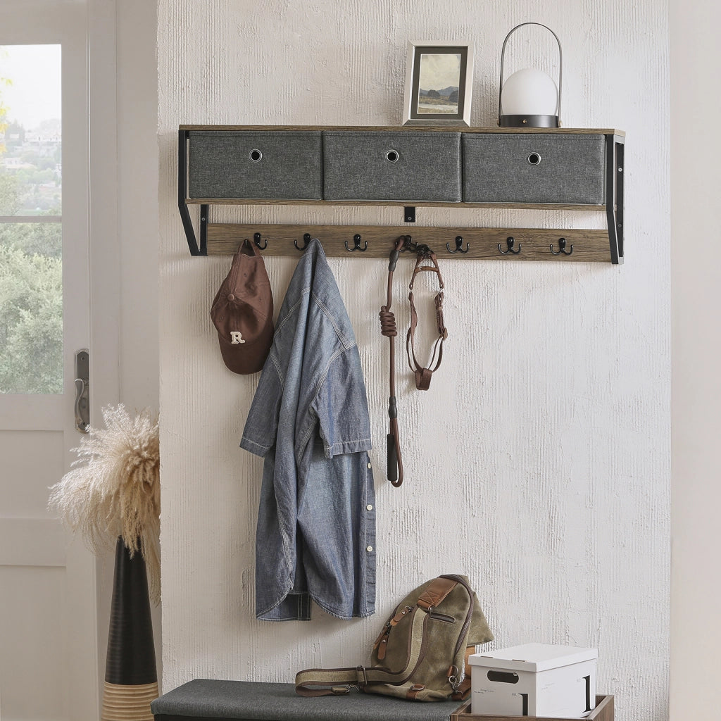 SoBuy Appendiabiti a parete con 3 cesti e 7 ganci Mensola pensile Armadio vintage 100x20x30cm FHK26-N