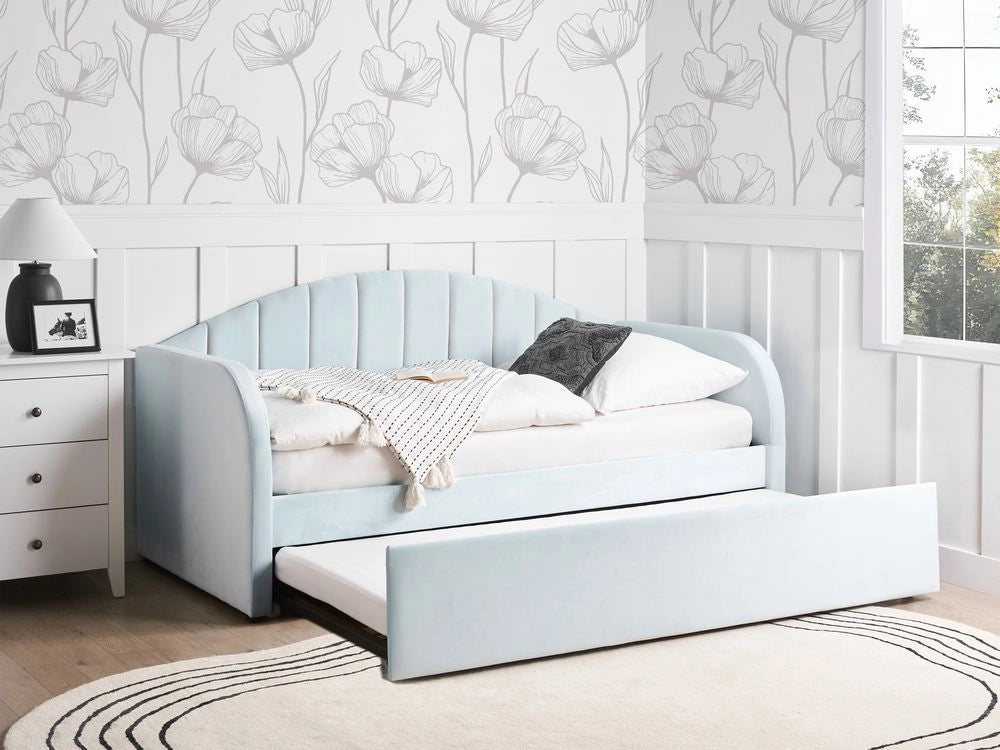 Letto estraibile in velluto blu 90 x 200 cm con struttura imbottita moderna glamour per una cameretta per bambini ospiti