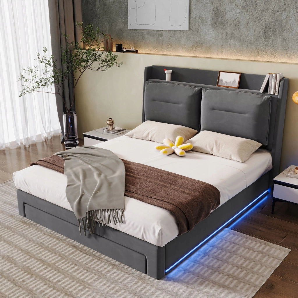 Letto 140x190cm con LED e cassetti - Xylo - Grigio velluto