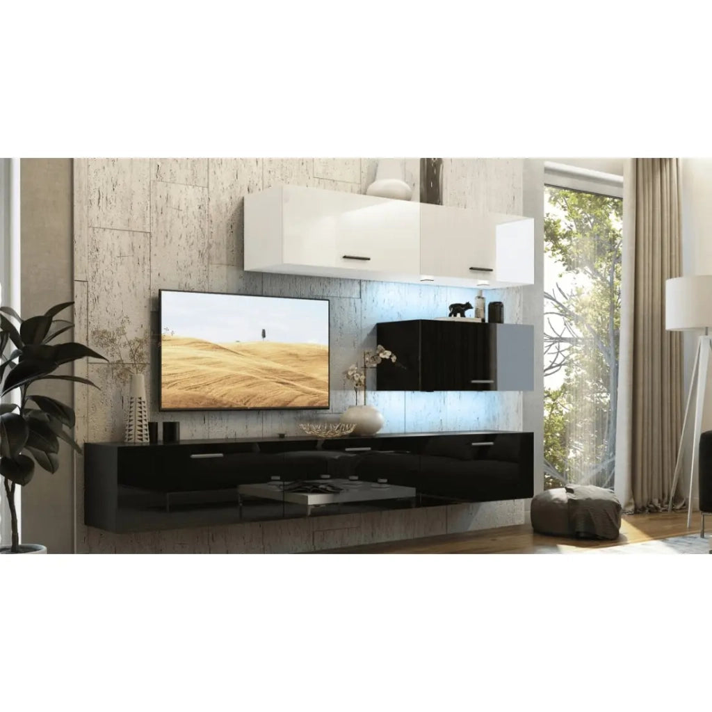 Set di mobili da soggiorno con parte superiore bianca e parte inferiore nera sospesi collezione CEPTO XXV 249 cm, 6 pezzi, LED, modulari
