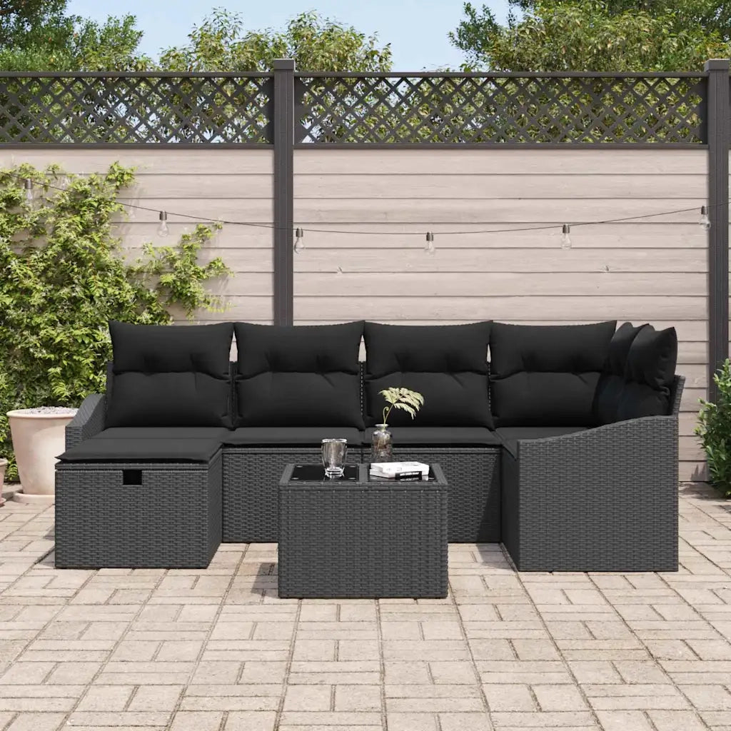 Set di divani con cuscino con archiviazione Nero polyrattan