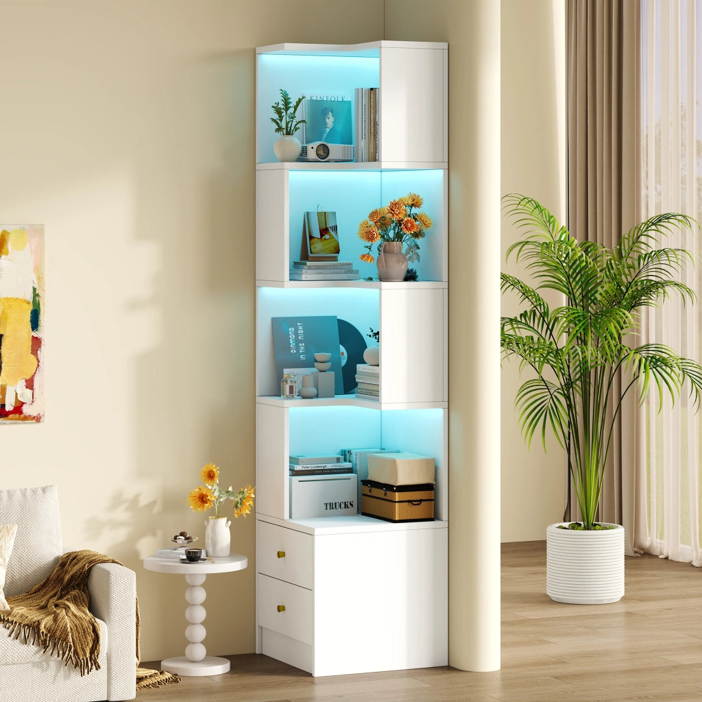 Libreria per angolo con 4 ripiani aperti 2 cassetti LED controllabile tramite app in MDF bianco 45 × 43,5 × 180 cm