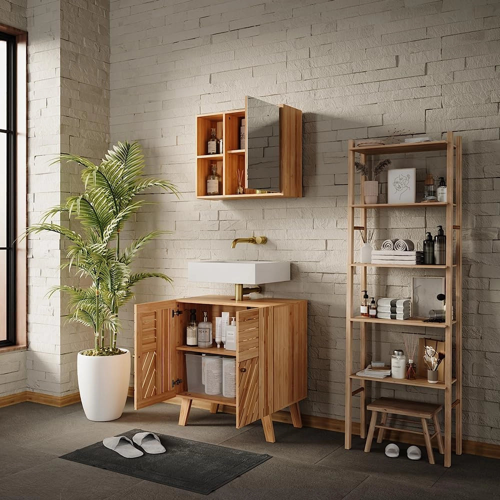 Set di mobili da bagno Lucie, Bambù, 60 cm, composto da specchio da bagno e mobile sottolavabo