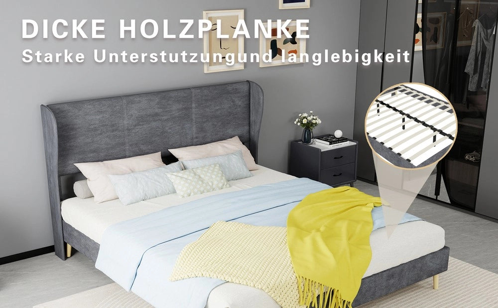 Letto Imbottito con Testiera Morbida ¨C MINIMAL ¨C Grigio, 160x200, con Materasso