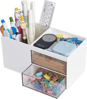 Organizzatore di scrivania con cassetta e porta penne, articoli da ufficio e accessori da scrivania, organizzatore di scrivania per penne/matite/telefono cellulare/articoli da ufficio, cassetta di archiviazione (bianca)