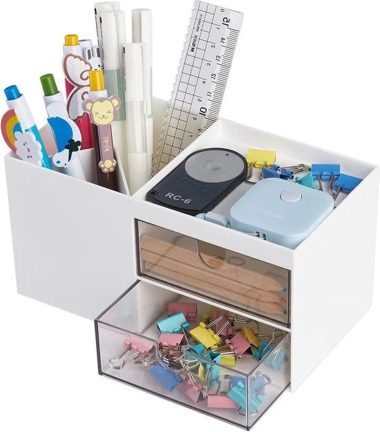 Organizzatore di scrivania con cassetta e porta penne, articoli da ufficio e accessori da scrivania, organizzatore di scrivania per penne/matite/telefono cellulare/articoli da ufficio, cassetta di archiviazione (bianca)