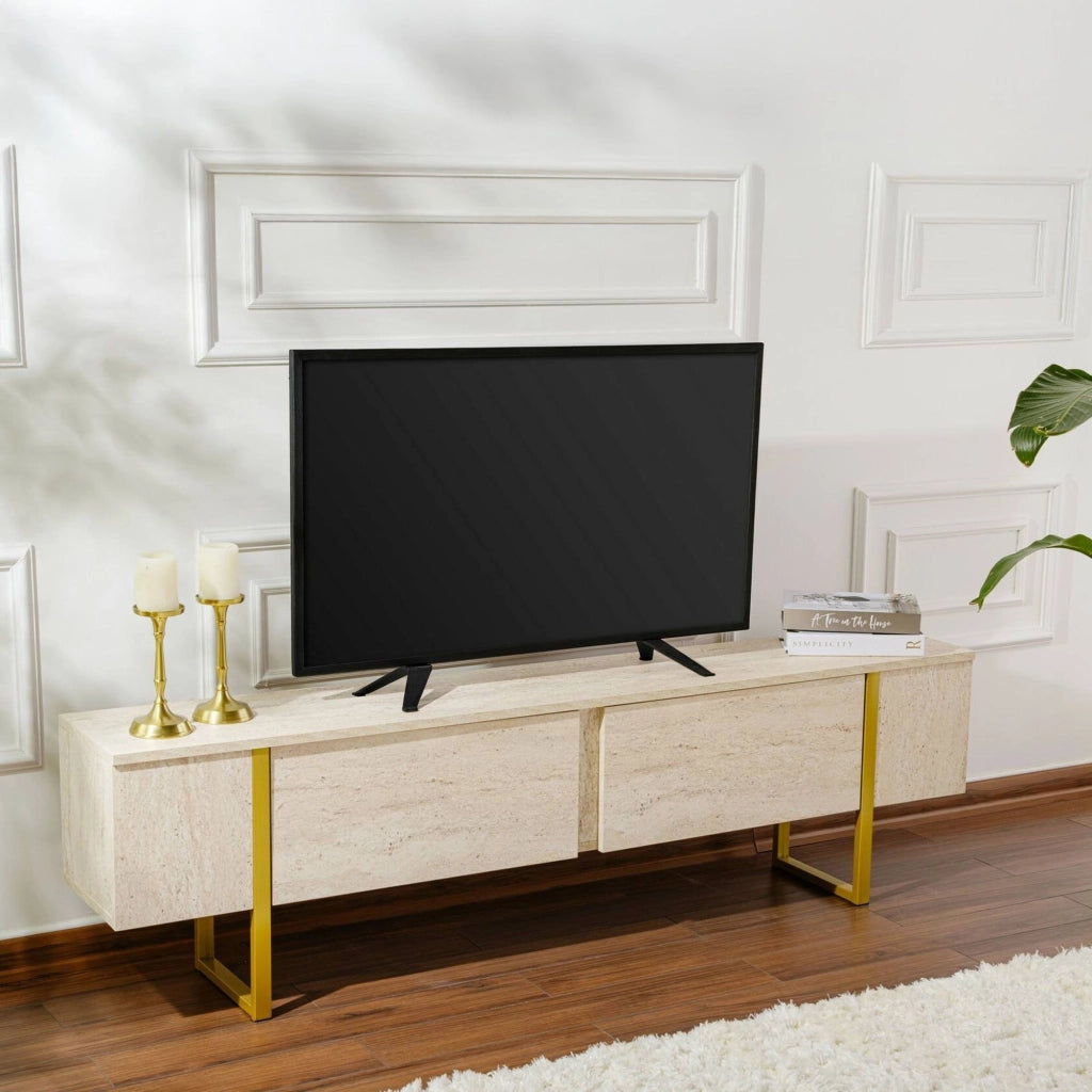 Mobile porta TV Lilith, Credenza da soggiorno, Armadio basso per TV, Base parete attrezzata, 180x30 h50 cm, Beige e Oro