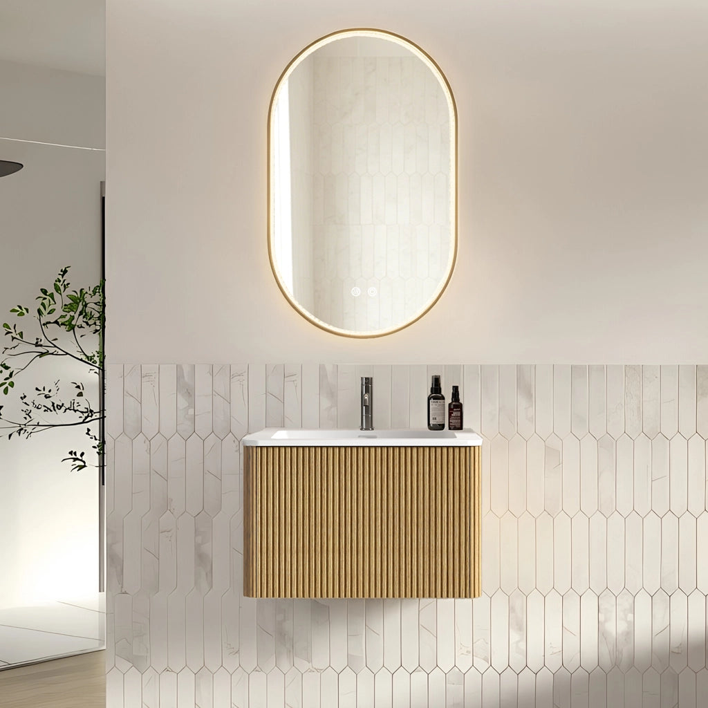 Mobile bagno con specchio con lavabo integrato e base sospesa LED antiappannamento per bagno in MDF rovere