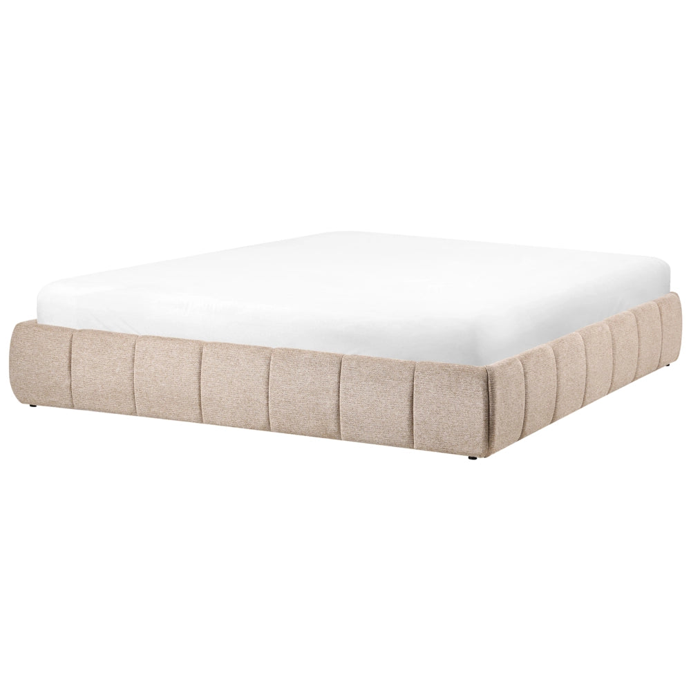 Letto matrimoniale in tessuto beige imbottita, con contenitore e panca 180x200 cm design moderno