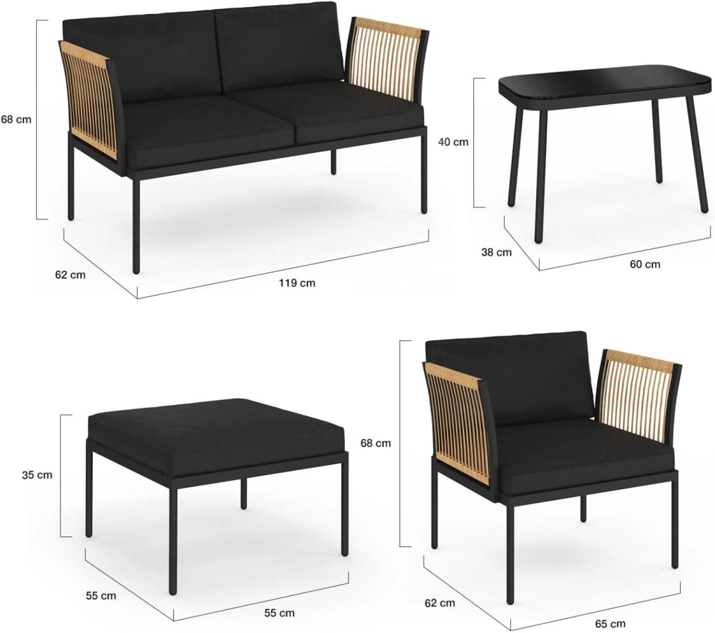 Set di mobili da Giardino modulari Bassi Rio 4 posti Struttura in Metallo Nero, cordame Effetto Rattan Chiaro con Cuscini Neri