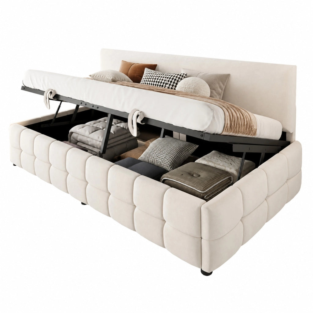 Letto singolo imbottito 90 x 200 cm con vano idraulico; velluto beige e schienale