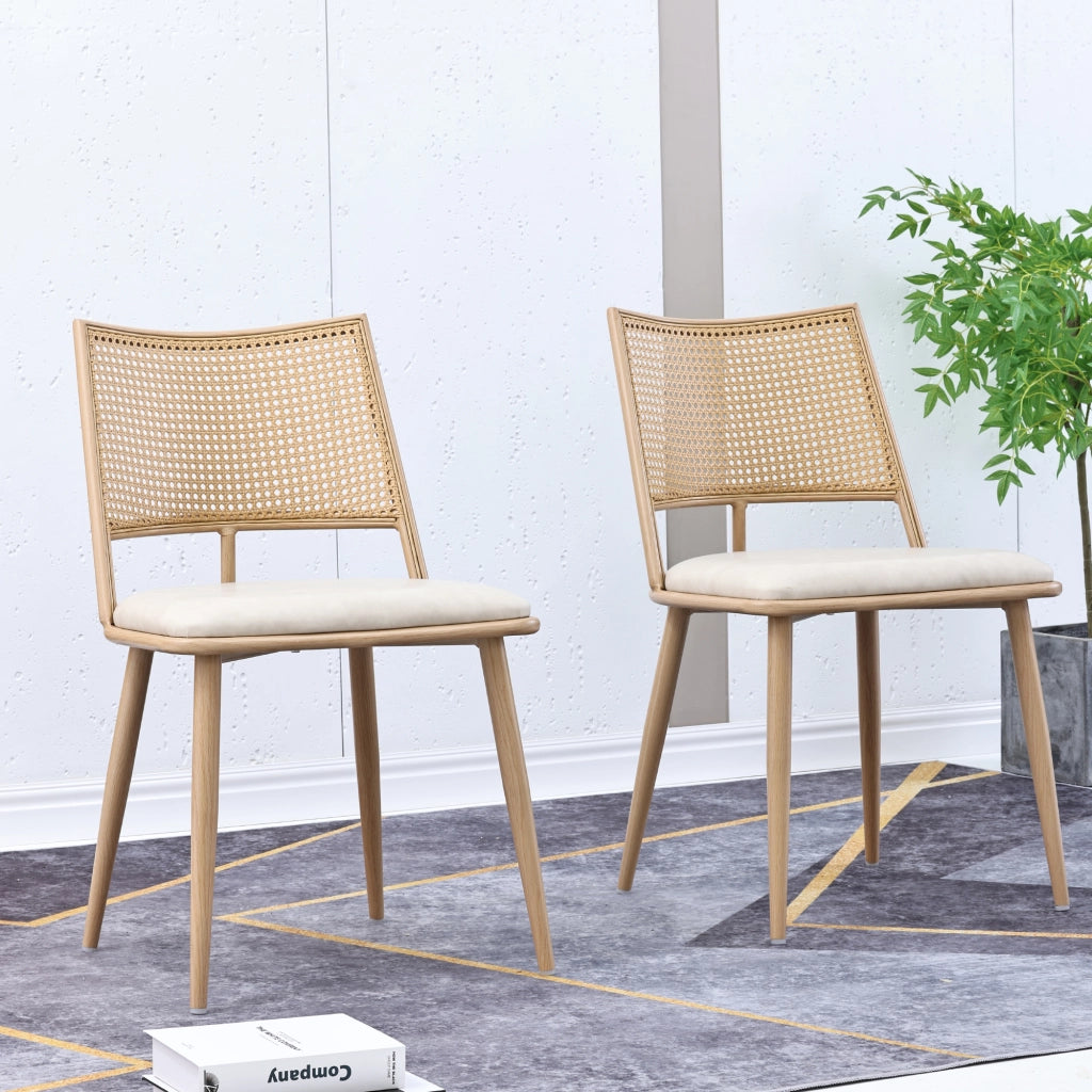 Sedia da sala da pranzo 2 pezzi con seduta in PU e schienale in rattan traspirante struttura in metallo beige