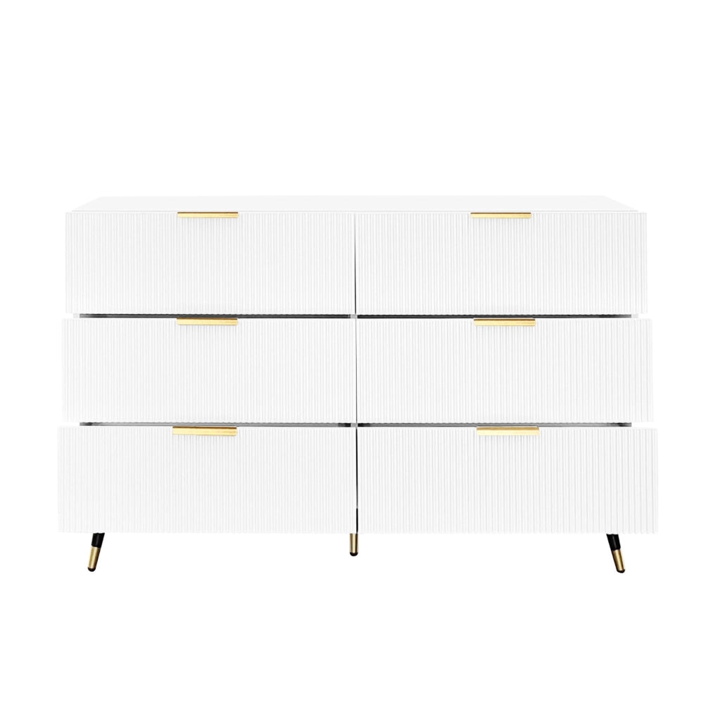 Credenza ULEVR 120x40x77 cm con 6 cassetti, superficie ondulata, bianco e oro