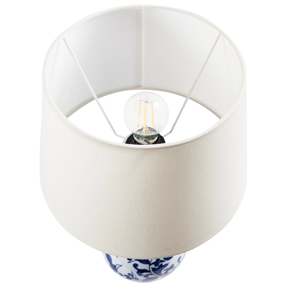 Lampada da tavolo Base in porcellana bianca e blu Paralume a tamburo in lino con patten floreale Illuminazione elegante