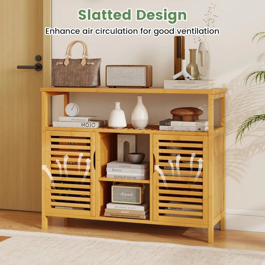 Armadio da bagno in bambù con ante a persiana e mensole, organizer per soggiorno, ingresso, cucina, sala da pranzo, 100 x 35 x 80 cm, naturale