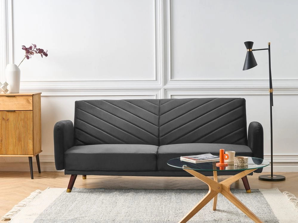 Divano Letto Tessuto Velluto Nero Scuro Soggiorno Moderno 3 Posti Gambe In Legno Braccio A Pista