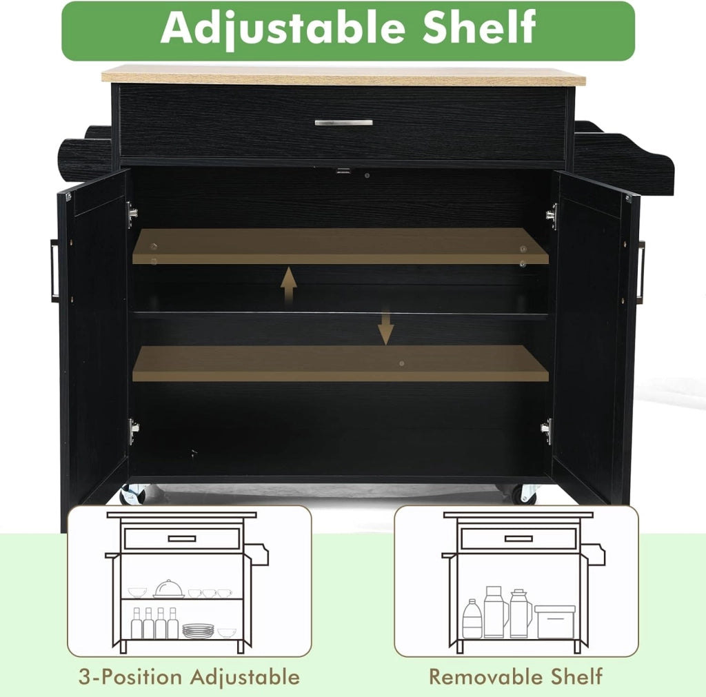 Carrello da Cucina Ausiliario, Carrello di Servizio con Cassetto e Ripiano Regolabile, Isola da Cucina da Sala da Pranzo con Ruote Universali con Freni, in Legno, 116 x 40 x 85 cm, Nero