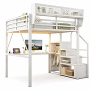 Letto a soppalco 2 posti con LED; scrivania 200 cm; scaffale regolabile e scala; 140 × 200 cm; senza materasso