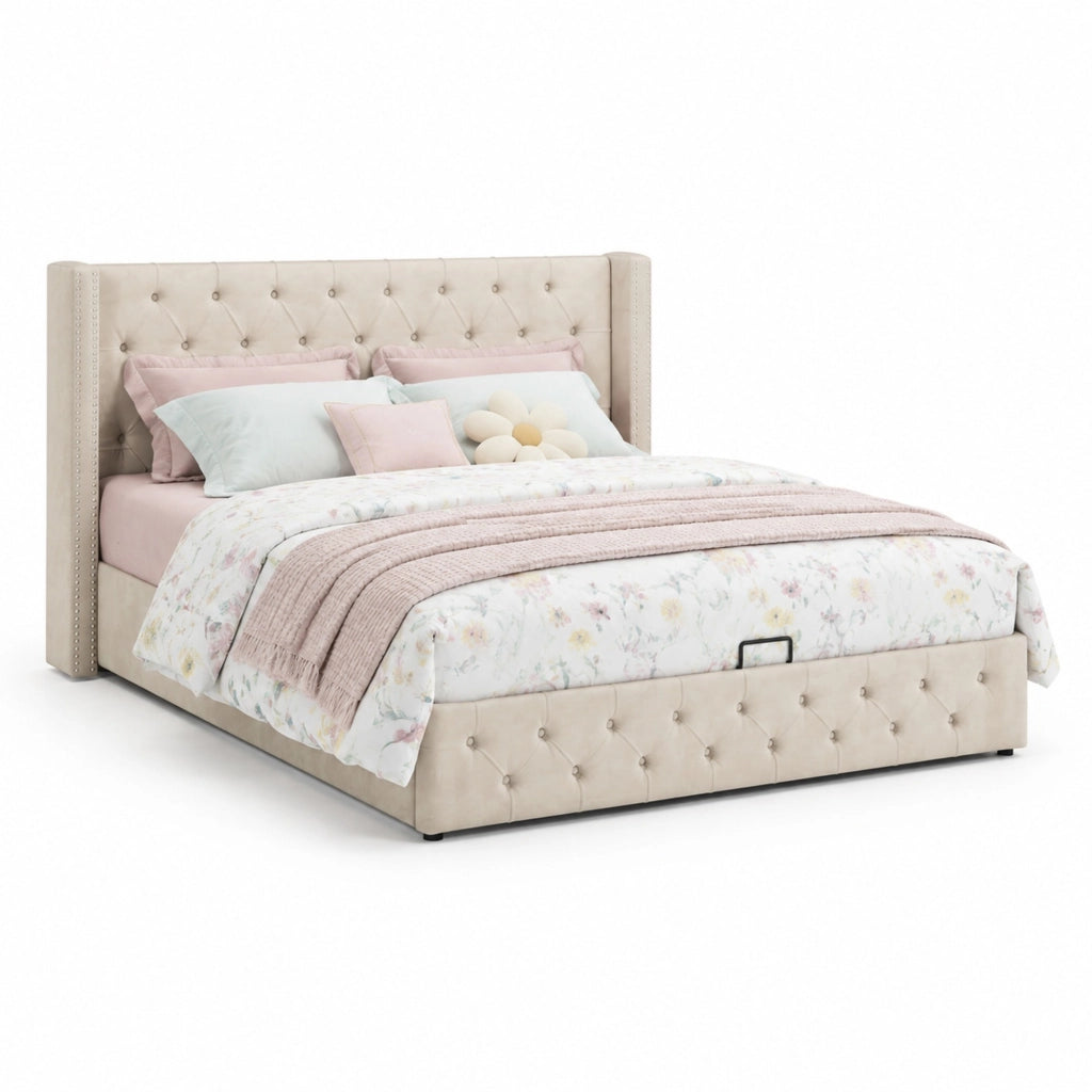 Letto imbottito Chesterfield in velluto beige 140x200 con contenitore, rete a doghe e testiera alta