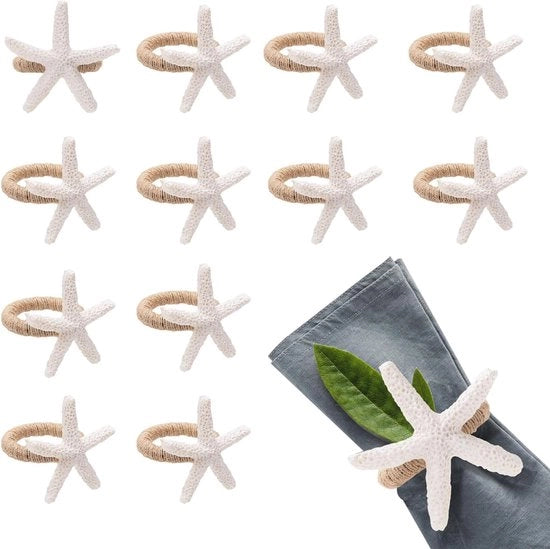 Servetringhe decorative con stella marina - Decorazione per matrimonio e spiaggia - 12 pezzi - Bianco