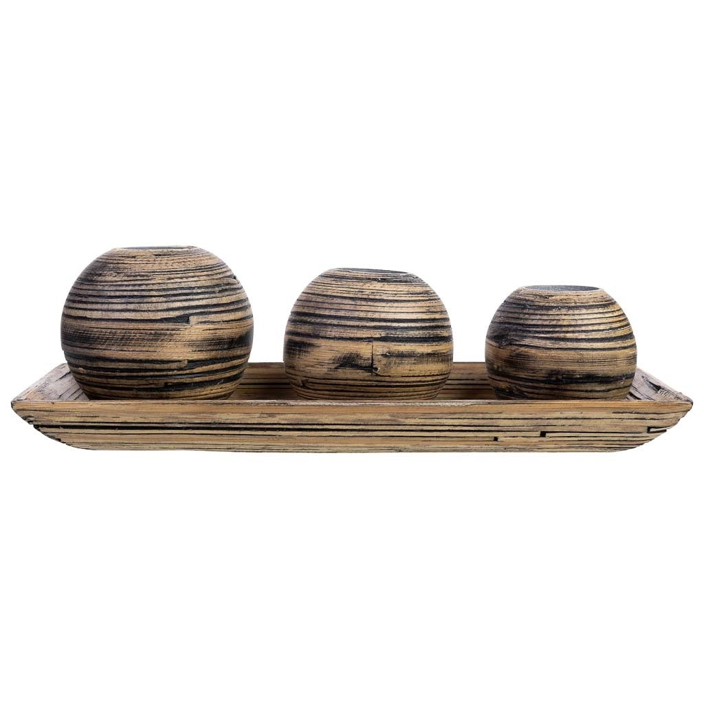 Set vassoio e 3 portacandele in legno di bambù marrone 33x13x3h cm