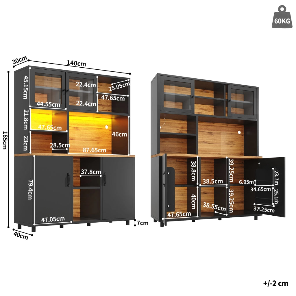 Armadio Alto con Ante Scorrevoli e Ripiani ¨C MINIMAL ¨C Nero con Venatura Legno, 185cm, LED