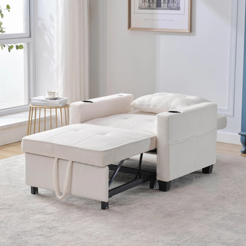 Poltrona convertibile 3 in 1 con schienale reclinabile, portabicchieri, porta USB e tasca, in legno e metallo bianco