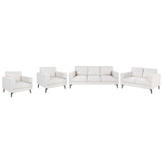 Set soggiorno minimalista in tessuto in stile moderno di metà secolo, 2 posti, 3 posti, 2 poltrone, gambe in metallo, braccioli lineari beige chiaro
