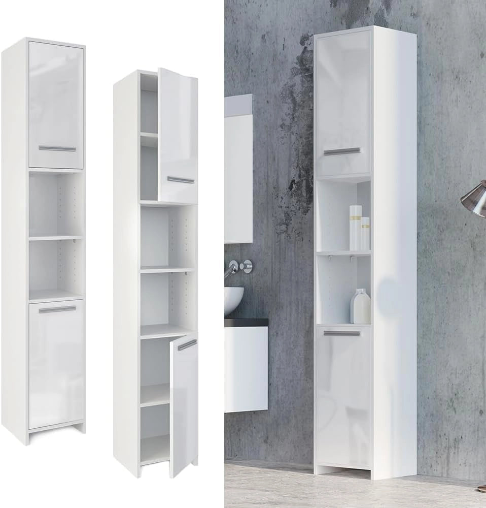 Mobile bagno alto, Bianco lucido/bianco, 30 x 190 cm, per la conservazione di accessori da bagno e compatibile con Kiko