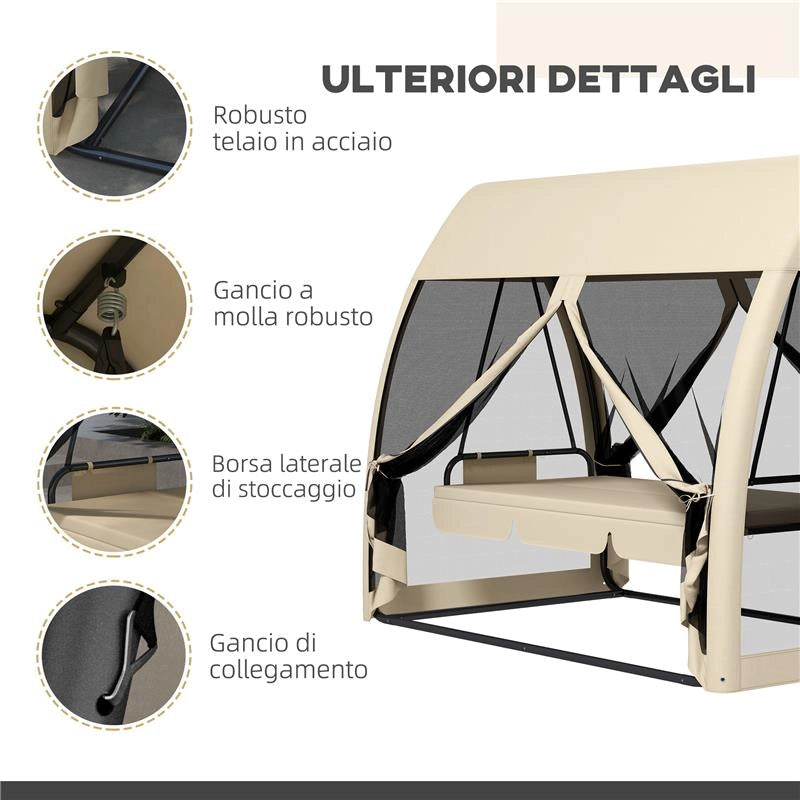 DONDOLO DA GIARDINO 2 IN 1 CONVERTIBILE IN LETTO CON CUSCINI E ZANZARIERA 240X140X197 CM CAFFÈ