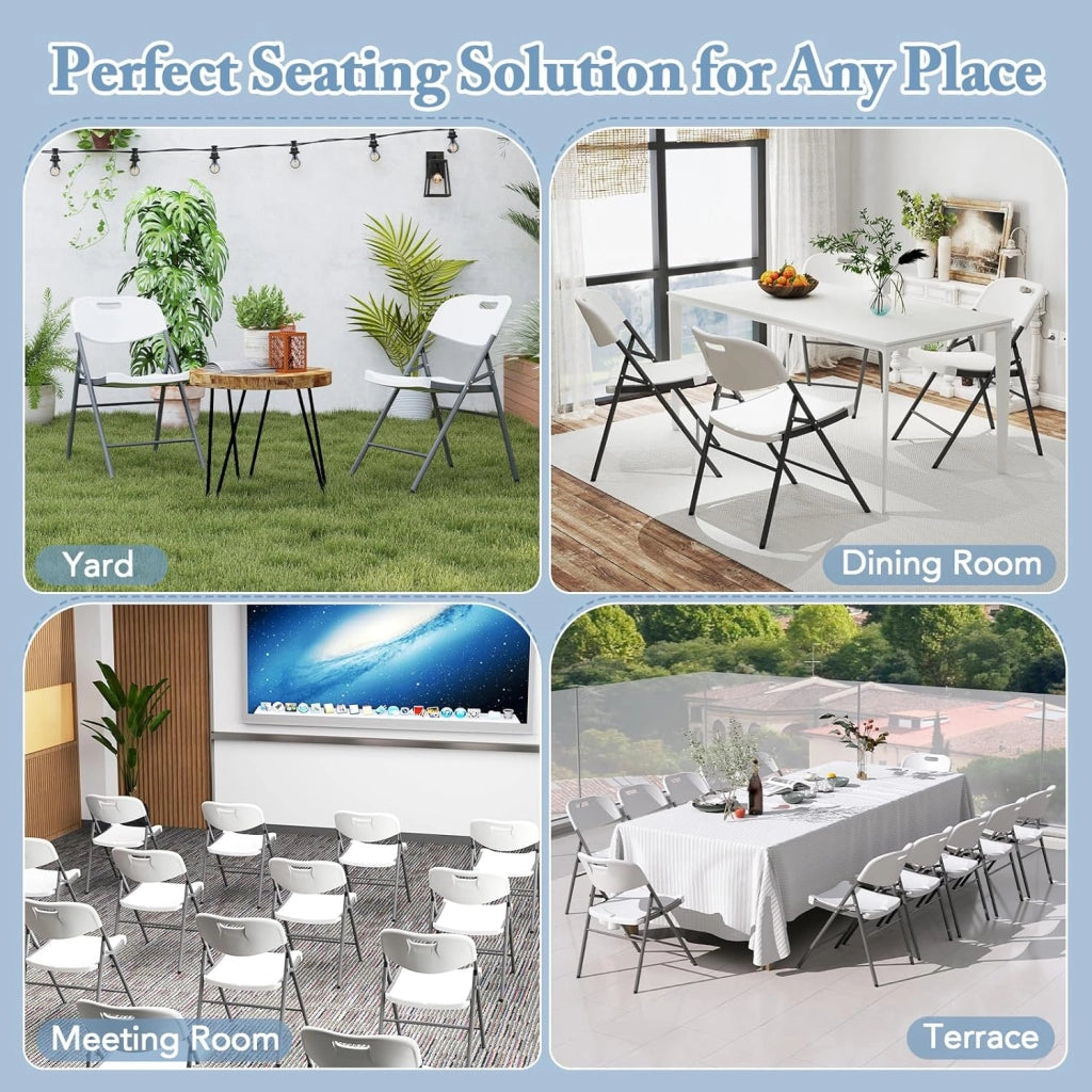 Set di 4 sedie pieghevoli in plastica, sedile in HDPE impermeabile e struttura in metallo, schienale con manico, sedie portatili per matrimonio, conferenza (bianco)