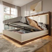 Letto matrimoniale 140x200 cm in stile retrò con LED, contenitore idraulico e rete a doghe, beige