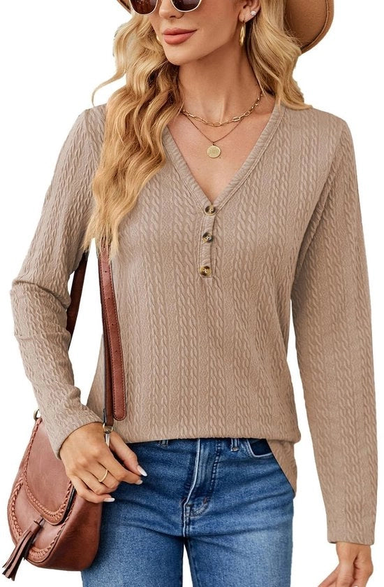 Casual Top con Collo V con Cerniera - Lunghe Maniche - Maglia con Bottone - Top da Donna con Fattore di Forma Lasciato - Materiale Zucchero/Poliester